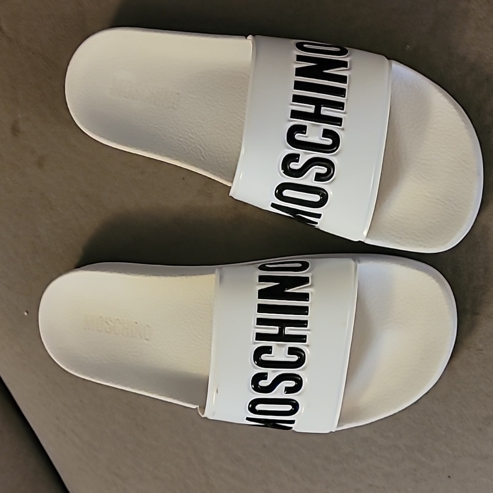 Moschino White Slide Sandals with Black Logo Strap
